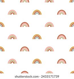 Cute retro rainbows seamless vector pattern. Scandi design. Vintage hand drawn background for kids room decor, nursery art, card, gift, fabric, textile, wrapping paper, wallpaper, packaging, apparel.