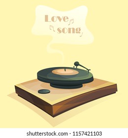 Cute retro record player. A cloud with the inscription "Love Song". Vector illustration. Vinyl, Vintage.