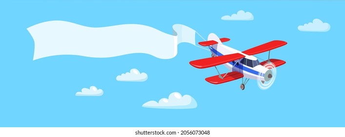 Cute retro red airplane is flying in the blue sky over the clouds with advertising banner. Template for text. Vector cartoon illustration.