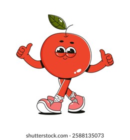 Cute retro red apple character sticker. Trendy comic walking fruit with cute face, hand and feet. Groovy summer vector illustration 70s, 80s vintage vibes