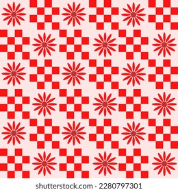 Cute Retro red checkered flowers seamless pattern with little squares. For stationary, phone cases, and textile