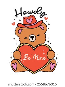 Cute Retro Red Cowboy Teddy Bear with Red Heart Western Valentine Howdy Hand Drawn Bold Design