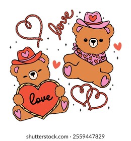 Cute Retro Red Cowboy Valentine Teddy Bear Western Hand Drawn Bold Design for t shirt printable