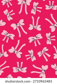 Lindo, retro cinta sin patrón de repetición. Colocado al azar, corbata de lazo de Vector aop, impresión de toda la superficie sobre fondo rosa.