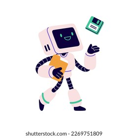 Cute retro robot, character with floppy disk and computer folder. 90s robotic machine with diskette for information storage, memory. Flat vector illustration isolated on white background