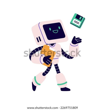 Cute retro robot, character with floppy disk and computer folder. 90s robotic machine with diskette for information storage, memory. Flat vector illustration isolated on white background