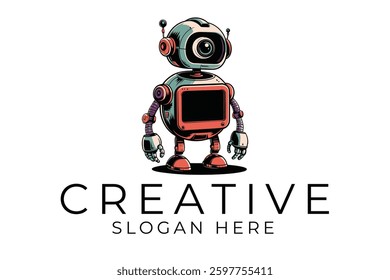 Cute retro robot character illustration perfect for tech logos and websites. Vibrant colors and a