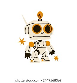 Cute retro robot. Chat bot mascot, AI symbol, artificial intelligence, support funny character face. Robotic technology mechanical android modern and vintage vector cartoon flat isolated illustration