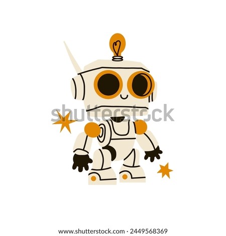 Cute retro robot. Chat bot mascot, AI symbol, artificial intelligence, support funny character face. Robotic technology mechanical android modern and vintage vector cartoon flat isolated illustration