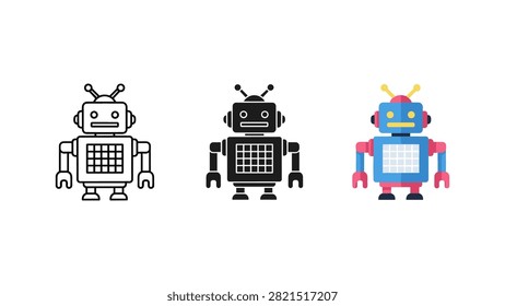 Cute retro robot toy icon set in multiple styles with sci fi mechanical technology character automaton artificial