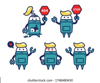 cute retro robot vector cartoon character pose set with broken 404 not found and stop sign