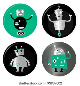Cute retro robots badget collection isolated on white