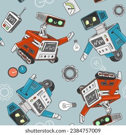 Cute retro robots, seamless pattern with vector hand drawn illustrations