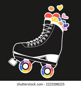 Cute retro roller skate sticker with rainbow wheels in a retrowave aesthetic. Girly y2k sticker, 90s and 2000s style
