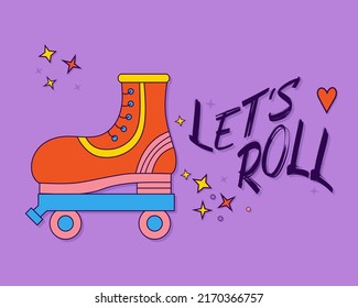 Cute retro roller skates drawing. Lets roll Hand drawn cartoon vector illustration is on purple backdrop. Nostalgia for 1980s -1990s. Funny print for sticker, poster, graphic tee, bullet journal cover