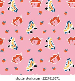 Cute retro roller skates and lips. Vintage texture for wrapping paper. Cartoon 70s 80s comic style background, vintage hippie styled.