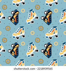 Cute retro roller skates. Vintage texture for wrapping paper. Cartoon 70s 80s comic style background. vintage hippie styled.