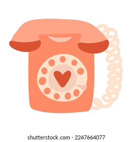 Cute retro rotary dial telephone with a heart. Special connection concept, love symbol, Call me message. Vintage rotary phone vector isolated hand-drawn illustration.