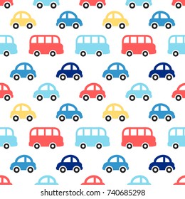 Cute retro seamless boy pattern with colorful cars and buses