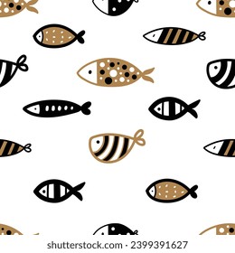 Cute retro seamless pattern with black and gpld fish on white background. Can be used in textile industry, paper, background, scrapbooking.Vector.