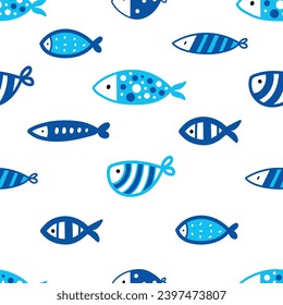 Cute Retro nahtlose Muster mit blauem Fisch auf weißem Hintergrund. Kann in der Textilindustrie, Papier, Hintergrund, Scrapbooking.Vector verwendet werden.
