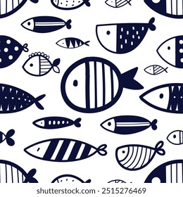 Cute retro seamless pattern with blue fish on white background. Can be used in textile industry, paper, background, scrapbooking.Vector.