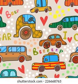 Cute retro seamless pattern of cars in cartoon style. Vector  background in bright colors.Seamless pattern can be used for wallpapers, pattern fills, web page backgrounds,surface textures.