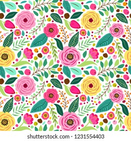 Cute retro seamless pattern with hand drawn rustic flowers