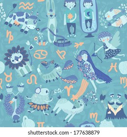 Cute retro seamless pattern with horoscope.Aries, taurus, gemini,cancer,leo,v irgo,libra,scorpio, sagittarius, capricorn, aquarius, pisces