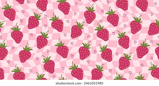 Cute retro seamless pattern with strawberries and hearts. Abstract psychedelic cell print background. Vector design for textile, wrapping paper, greeting cards.