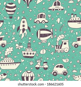 Cute retro seamless pattern with transportation objects. Vintage doodle background in vector with air-balloons, cars, plane, rocket, ships and boats. Great summer texture, travel time!