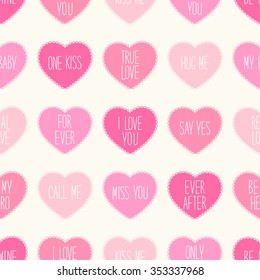 Cute retro seamless Valentines Day pattern with hearts and different hand written love quotes