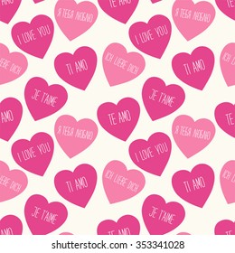 Cute retro seamless Valentines Day pattern with hearts and hand written text I LOVE YOU in different languages