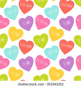 Cute retro seamless Valentines Day pattern with hearts and hand written text I LOVE YOU in different languages