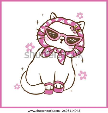 Cute Retro Self Love Cat wearing high heels and sassy glasses Cartoon Doodle Hand Drawn 