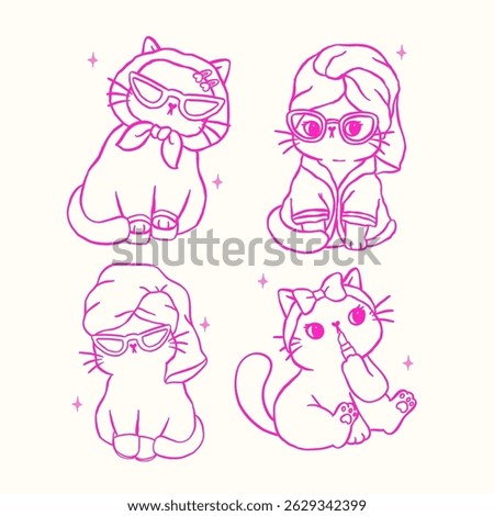 Cute Retro Self Love Cat Outline Self care Self confidence Kitten Cartoon Doodle Hand Drawn set