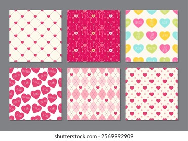 Cute retro set of seamless backgrounds with hearts for your decoration