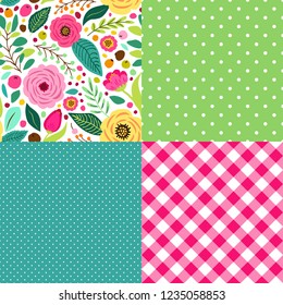 Cute retro set of seamless patterns with hand drawn rustic flowers