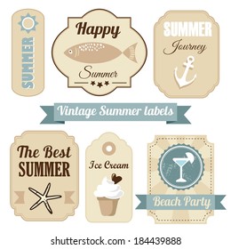 Cute retro set of summer vacation labels with anchor, drink, ice cream, ribbons and other elements, vector illustration