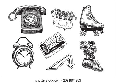 Cute retro set: watch, telephone, rollers, cassette tape, plaster, shoes, flowers.