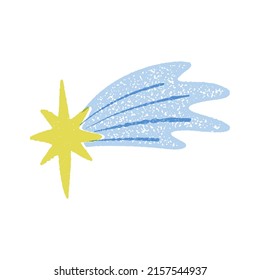 Cute retro shooting star, falling comet with fire tail and vintage grunge texture. Make a wish, magic around concept. Vector hand-drawn illustration, t-shirt print design on isolated background.