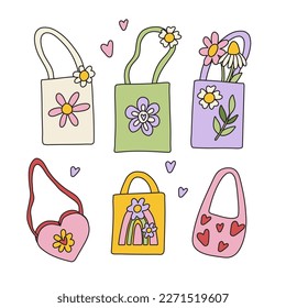 Cute retro shoppers with various prints and flowers. Daisies, flowers, rainbow and hearts.