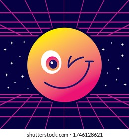 Cute retro smiling and winkin emoticon, emoji - vintage 80s - vector illustration