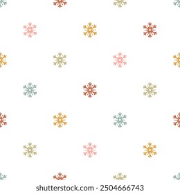 Cute retro snowflakes seamless vector pattern. Scandi Christmas design. Vintage hand drawn background for kids room decor, gift, fabric, textile, wrapping paper, wallpaper, packaging, apparel.