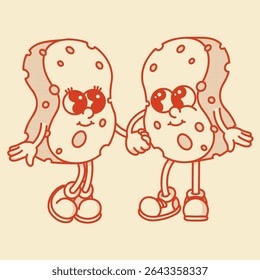 Bonito mascote esponja retro com rosto e pernas. Ilustração de vetor de desenhos animados para limpeza, banho, temas de cozinha