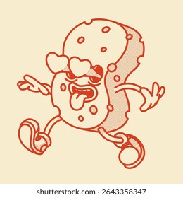 Cute retro sponge mascot with face and legs. Cartoon vector illustration for cleaning, bath, kitchen themes