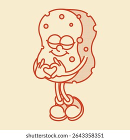 Bonito mascote esponja retro com rosto e pernas. Ilustração de vetor de desenhos animados para limpeza, banho, temas de cozinha