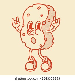 Bonito mascote esponja retro com rosto e pernas. Ilustração de vetor de desenhos animados para limpeza, banho, temas de cozinha