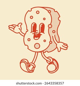 Bonito mascote esponja retro com rosto e pernas. Ilustração de vetor de desenhos animados para limpeza, banho, temas de cozinha