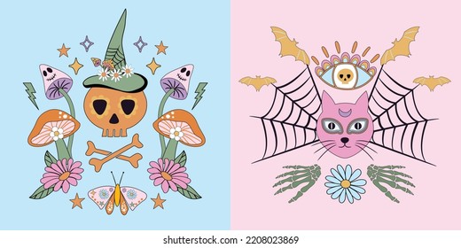 Cute retro spooky ghost Vibes halloween graphic set of 2 in pastel colors. 